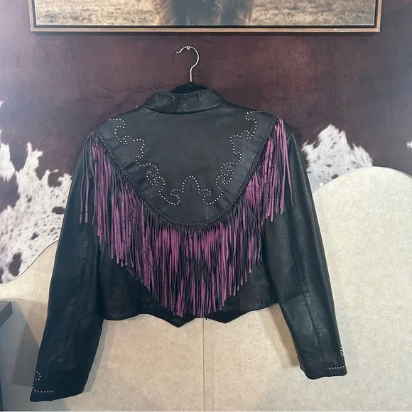 Leather Gallery Black Leather Fringe Western Jacket with Purple Accents - Picture 2 of 5